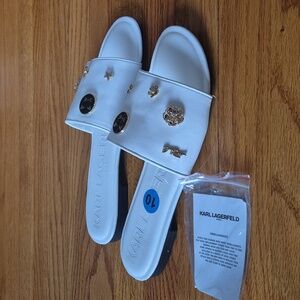 Karl Lagerfeld White Slide Mules with Gold Charm Accents, Size 10 NWOB